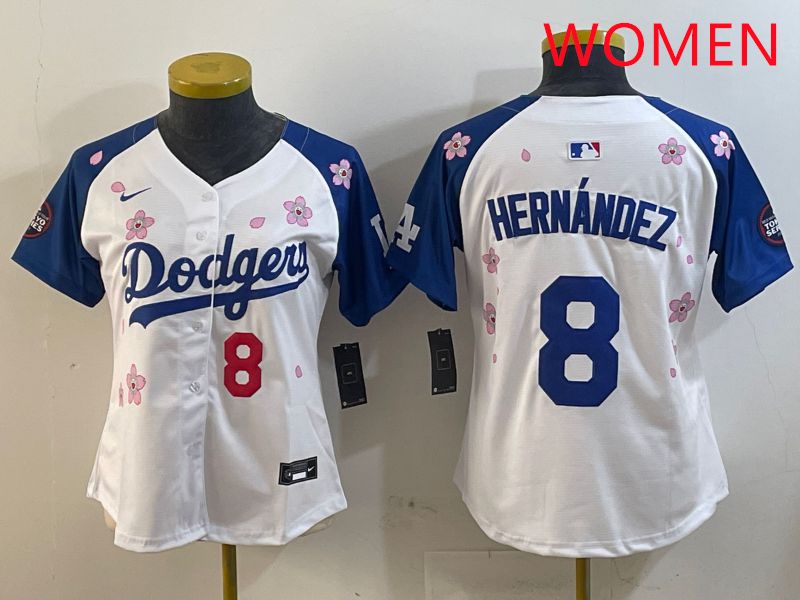 Women Los Angeles Dodgers #8 Hernandez White Blue Sakura Edition 2025 Nike MLB Jersey style 6
